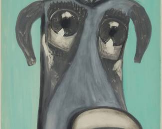 1300
Jonathan Blum
20th century
"Grey Dog with Diamond," 2001
Monotype in colors on paper
Edition: 1/1
Signed, titled, dated, numbered, and inscribed in pencil in the lower margin: J Blum / "NYC" 2001
Plate: 27" H x 19.5" W; Sight: 28.5" H x 20" W
Estimate: $400 - $600