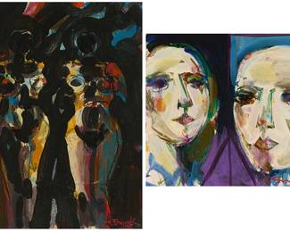 1107
Harold Frank (1917-1995)
Two works:

Two standing nude females
Oil, tempera, and grease pencil on board
Signed lower right: H. Frank
Board: 12.25" H x 9.375" W

Two faces
Oil, tempera, and grease pencil on paper
Signed lower right: H. Frank; inscribed in ink along the verso of the left sheet edge: "chere Kalie supper marvellieux" [sic]
Sheet: 8.375" H x 10" W
Estimate: $300 - $500