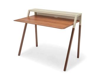1343
Circa 2020s
A Blu Dot "Cant" desk
Unmarked
The cantilevered walnut veneered wood desk with upper enameled metal shelf in "putty grey"
34.25" H x 42" W x 25.25" D
Estimate: $200 - $300