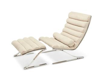 1084
1984
A DIA Modern lounge chair and ottoman
Marked and dated to applied foil label: Design Institute America, Inc. / 93770
The chromed metal cantilevered frame with a textured and lobed upholstered scoop seat, with conforming ottoman and tubular pillow
3 pieces
Chair: 36" H x 28.5" W x 35" D; Ottoman: 16.5" H x 28.5" W x 20" D
Estimate: $600 - $800