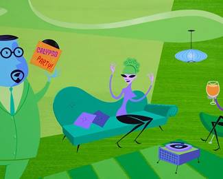 1296
Josh Agle (aka SHAG)
b. 1962
"A Proposed Calypso Party"
Acrylic on panel
Signed lower right: SHAG; titled by repute
26" H x 48" W
Estimate: $8,000 - $12,000