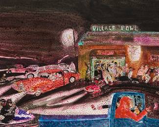 1305
Warrington Colescott
1921-2018
"Village Bowl," 1980
Watercolor on paper
Signed and dated lower right: Warrington Colescott 1980; titled on a gallery label affixed to the frame's backing paper
Sight: 21.25" H x 29.375" W
Estimate: $500 - $700