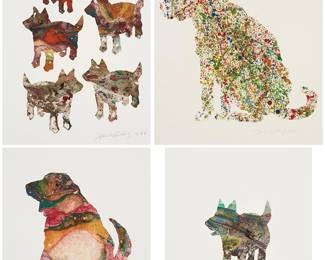 1070
David James Gilhooly III (1943-2013)
Four works:
"Multi-Dogs," 1988
Monotype in colors on wove paper
Signed and dated in pencil in the lower margin, at right: David Gilhooly 1988; titled in pencil, verso; Magnolia Edition, Oakland, CA, pub.
Image: 25" H x 16.5" W (irreg.); Sheet: 30" H x 22" W
"Sam's Dog," 1987
Monotype in colors on Arches paper
Signed and dated in pencil in the lower margin, at right: David Gilhooly 1987; titled in pencil, verso
Image: 19.25" H x 20.5" W; Sheet: 30" H x 22" W
Untitled, 1988
Monotype in colors on wove paper
Signed and dated in pencil in the lower margin, at right: David Gilhooly 1988
Image: 12.5" H x 9.5" W; Sheet: 30" H x 22.25" W
"Agate Dog," 1988
Monotype in colors on BFK Rives paper
Signed and dated in pencil in the lower margin, at right: David Gilhooly 1988; titled in pencil, verso; Magnolia Edition, Oakland, CA, pub.
Image: 17.5" H x 16" W; Sheet: 30" H x 22.25" W
Estimate: $600 - $800