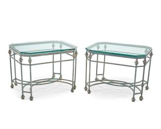 1150
Late 20th century
A pair of Modern patinated metal and glass side tables
Each raised on box legs with architectural accents, joined by a stylized overlapping X-stretcher
2 pieces
Each overall: 23.5" H x 32" W x 25.75" D
Estimate: $500 - $700