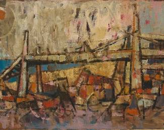 1029
Lundy Siegriest
1925-1985
"The Pier," 1952
Oil on canvas
Signed lower right: Lundy Siegriest; signed again, titled, dated, and inscribed with the artist's address in ink, all verso
16.25" H x 32.25" W
Estimate: $600 - $800