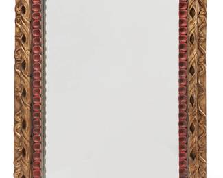 1060
19th/20th century
A large giltwood mirror
Carved with outer scrolled foliate motifs and inner red fillet
66.25" H x 54.5" W x 3.5" D
Estimate: $600 - $800