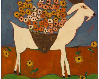 1169
Trés Taylor
20th century
Goat with flowers
Oil and mixed media on tarpaper laid to panel
Signed lower right: trés; signed again, inscribed, and with a sketch from the artist, all on the verso: "For Sharon, / May your home be blessed / with good spirit / Angels all around / you"
48" H x 48" W
Estimate: $500 - $700