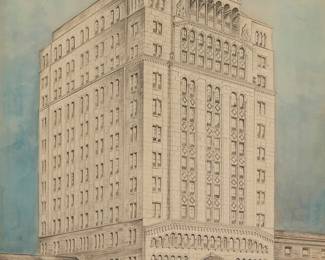 1053
circa 1925
Fine Arts Building, Los Angeles, Walker & Eisen Presentation Architectural Rendering
Watercolor and graphite on paper
Appears unsigned; inscribed as a banner in the lower edge, at center: "Eight Eleven West Seventh Street Bldg."; a label with an inscription removed and affixed to the frame's backing paper: "Havenstrite Oil Building"
Sight: 33" H x 23" W
Estimate: $800 - $1,200