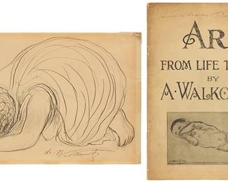1020
Abraham Walkowitz (1878-1965)
Two works:
Prone woman
Ink and graphite on paper
Signed at the center of the lower sheet edge: A. Walkowitz
Abraham Walkowitz and others, "Art From Life to Life by A. Walkowitz (Girard, KS: Haldeman-Julius Publications, 1951)
Soft cover booklet with black and white photomechanical reproductions of some of the artists' works, staple-bound, signed by the artist in ink on the front cover: Abraham Walkowitz
Drawing: 8.5" H x 12.25" W; Book: 10.75" H x 8" W x 0.125" D
Estimate: $400 - $600