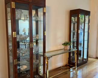 pair of campaign display cabinets, brass console