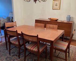 midcentury inlaid dining table, caneback chairs, sideboard. chandelier NFS