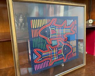 one of several framed mola textiles