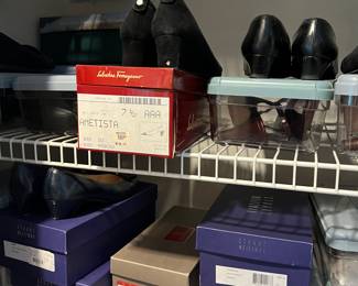 variety of shoes, some designer (ferragamo, stuart weitzman)