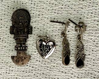 Sterling silver pin, locket and earrings