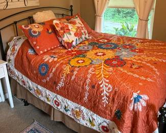 Queen size wrought iron bedframe with new pillowtop mattress set and matching comforter and curtains