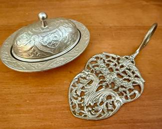 Acar silver plated Turkish covered butter dish and pastry server
