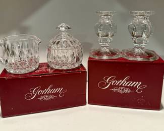 Gorham "Althea" crystal creamer and sugar bowl and candlesticks