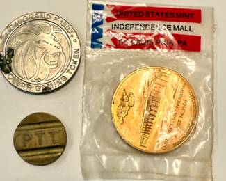 MGM Grand Gaming Token, Turkish Telephone Token and souvenir coin from Independence Hall in Philadelphia