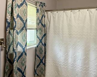 Geometric design window panels and shower curtain