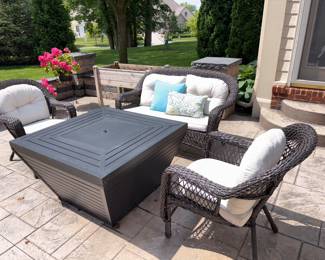 Vinyl Wicker Outdoor Loveseat & 2 Chairs w/Cushions - Sorry, Fire Pit is Not for Sale!