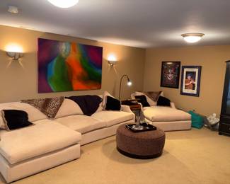 Arhaus Oversize Cream Sectional W/Chaise Lounge,
Arhaus Oversized Cream Chaise Lounge, Arhaus Cheetah Print Ottoman, Pier 1 Faux Fur Leopard Print Throw Blankets!
