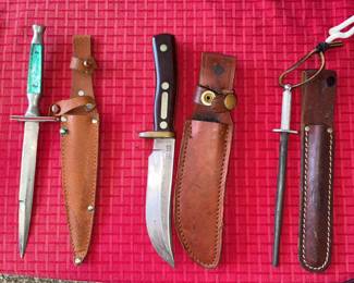 Vintage Lucite Dragon Knife #285 GCCG Japan w/Leather Sheath, Schrader USA Old Timer #165 Knife w/Leather Sheath!
