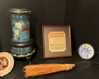 Americana Folk Decor Bundle Antique Stove, Plates, Broom Handmade Cross Stitch Picture
