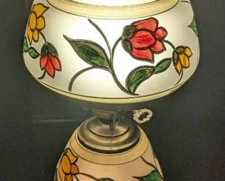 Vintage Electric Hurricane Lamp With Floral Painted Glass