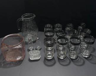 Vintage Glassware Set Textured Pitcher, Pink Cookie Jar, SilverRimmed Glasses More