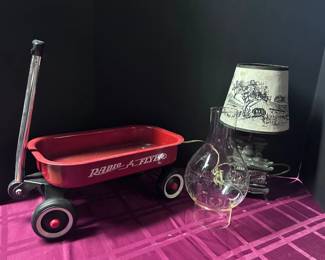 3 Vintage Items Chimney, Toy Wagon, and Miniature Stove Lamp