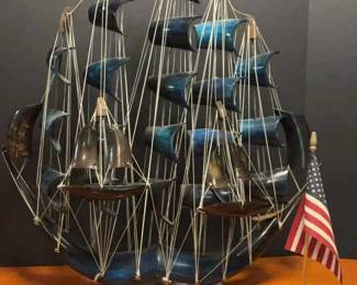 Vintage MidCentury String Art Tall Ship Sculpture Blue Black Nautical Decor
