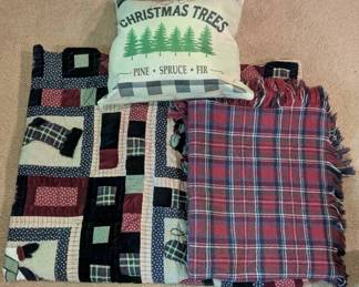 Rustic Holiday Textiles Trio Handmade Quilt, Decorative Pillow Plaid Blanket