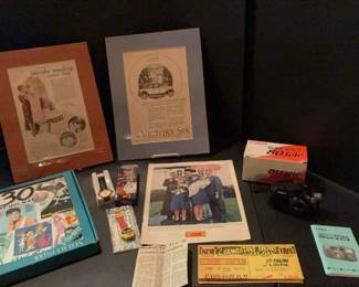 Eclectic Vintage Collectibles Lot Framed Ads, Camera, Watches More
