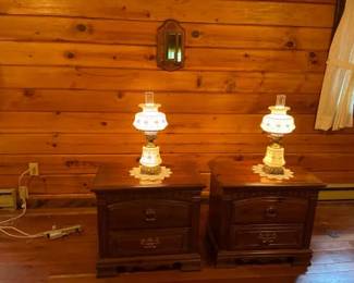 Charming Vintage Bedroom Set 2 Nightstands, 2 Hurricane Lamps, and Wall Mirror