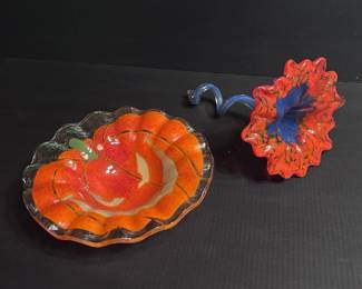 Pair of Handcrafted Art Glass Pieces Pumpkin Dish Trumpet Vase