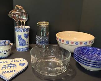 Charming Blue White Country Kitchen Lot Bowls, Garlic Keeper, Jar More