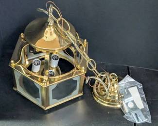 Vintage Brass Hanging Ceiling Light Fixture with Chain Beveled Glass Panels