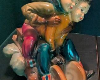 Vintage Winter Sledding Figurine Two Children in Motion