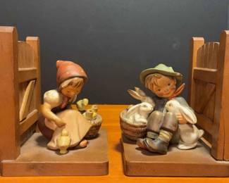 Vintage M. J. Hummel Bookend Figurines Boy with Bunnies Girl with Chicks