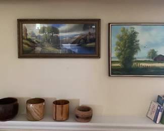 Handmade wood bowls, vintage prints