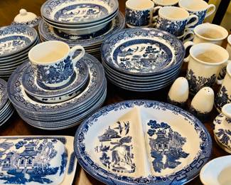 Blue Willow by Churchill Fine China...Service for 9 with additional service pieces (over 100 pieces)...