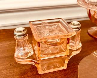 Collection of pink depression glass service pieces...
