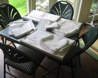 Luxury linens including damask banquet linens, card table and 4 chairs