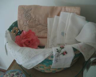 Vintage embroidered hankerchiefs and satin case
