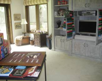 3 piece freestanding shelving unit (looks built in), Sony Wega TV, backgammon and other games