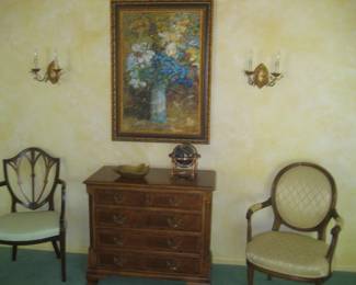 Four-drawer wooden chest, occasional chairs, signed oil painting, lapis globe