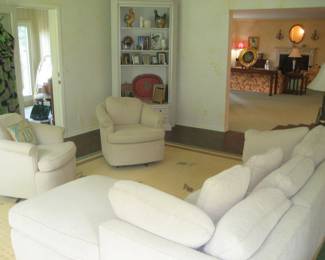 Upholstered sectional, 2 swivel chairs, 11' x 14' area rug, corner cabinet