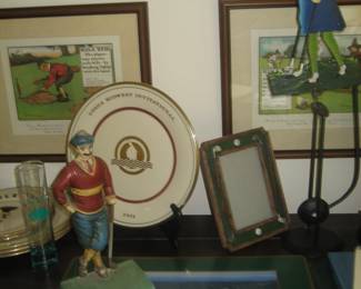 Golf-themed doorstop, placemats, kinetic sculpture