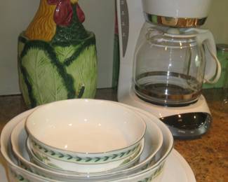 Ceramic rooster container, Mr. Coffee coffeemaker, dishware