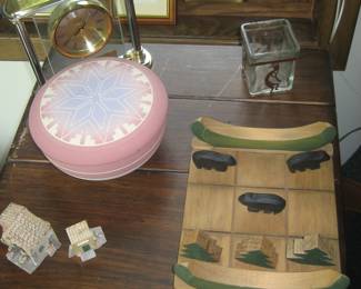 Sioux pottery covered dish, clock, wooden tic tac toe game